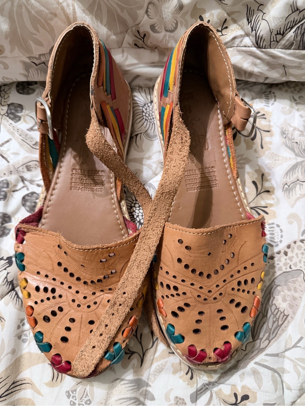 MEXICANA Tan Leather Huarache Sandals with Multicolor Accents